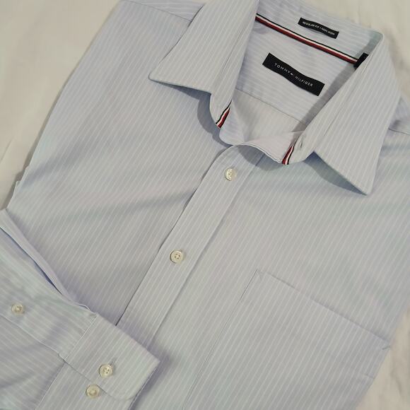 Tommy Hilfiger LS blue and white stripe button-up shirt 100% cotton 16 32/33 - Picture 6 of 14